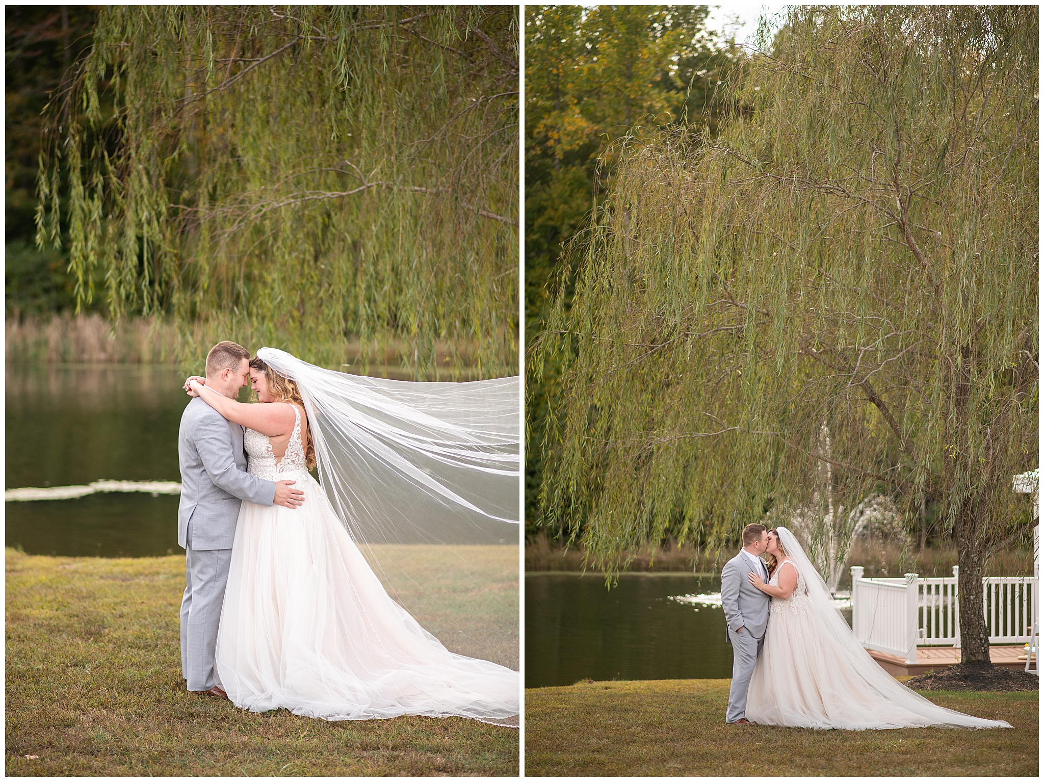 Newlyweds dance under a willow tree by a lake while the bride's veil flies behind her