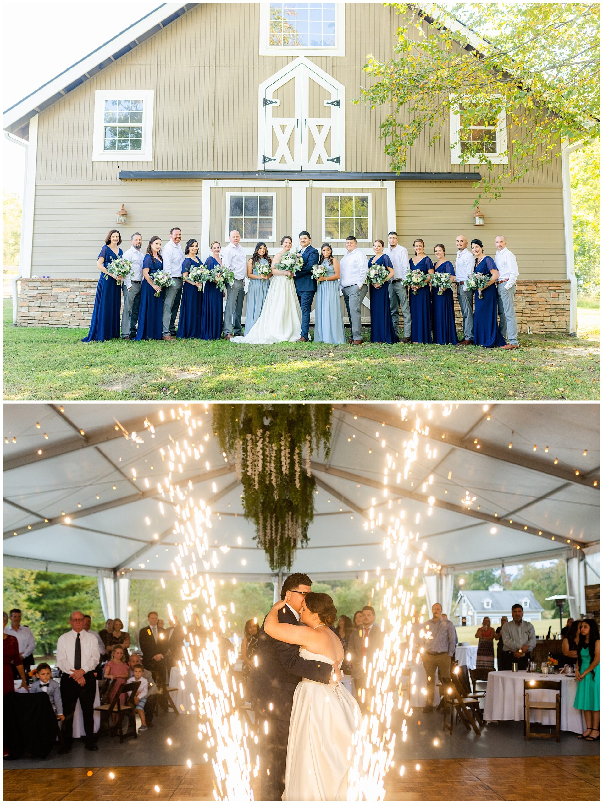 Newlyweds dance under a white tent surrounded by guests and pyrotechnics