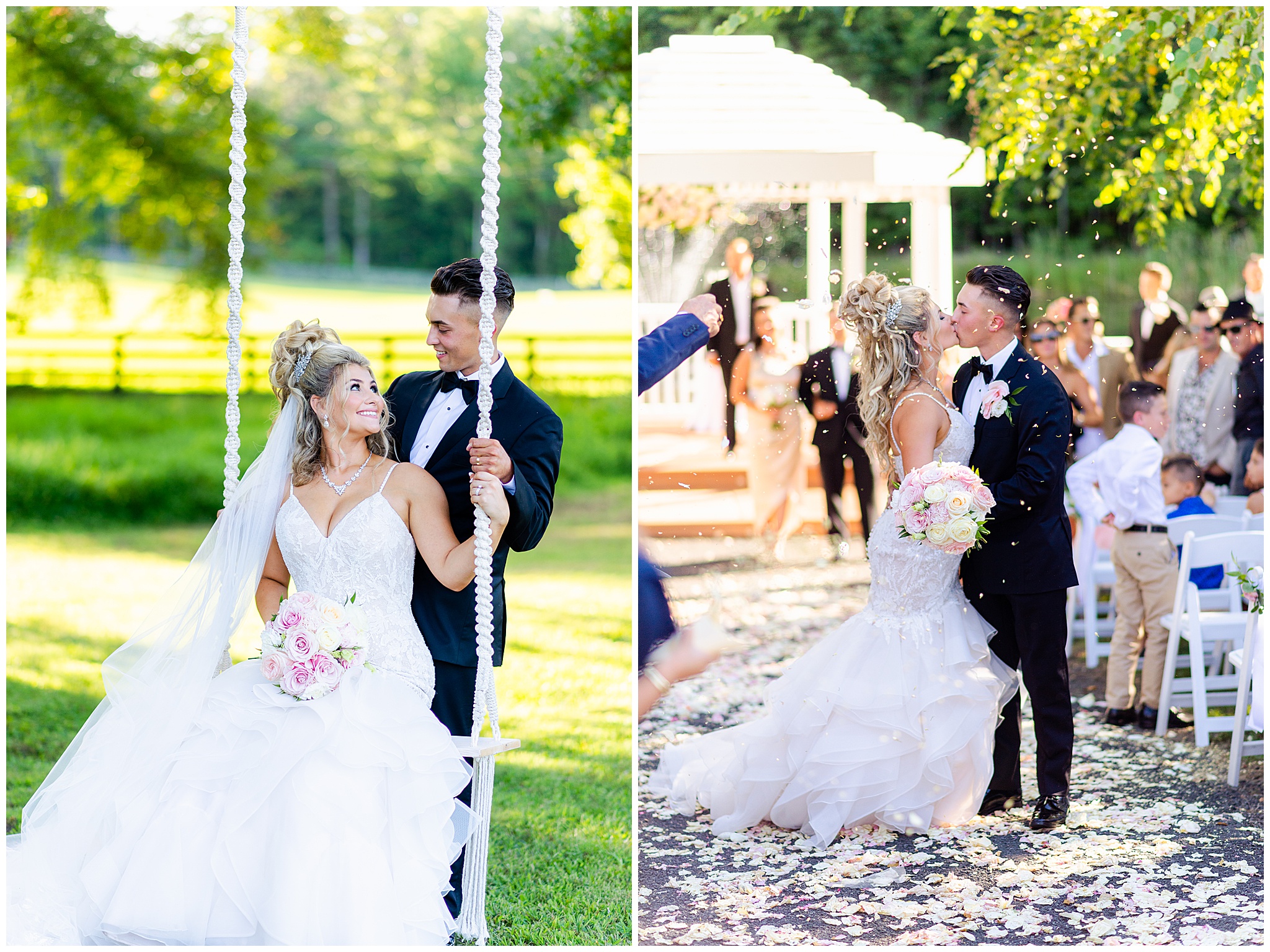 Newlyweds swing on a white swing and kiss in the aisle of their wedding while white petals are thrown around them by guests