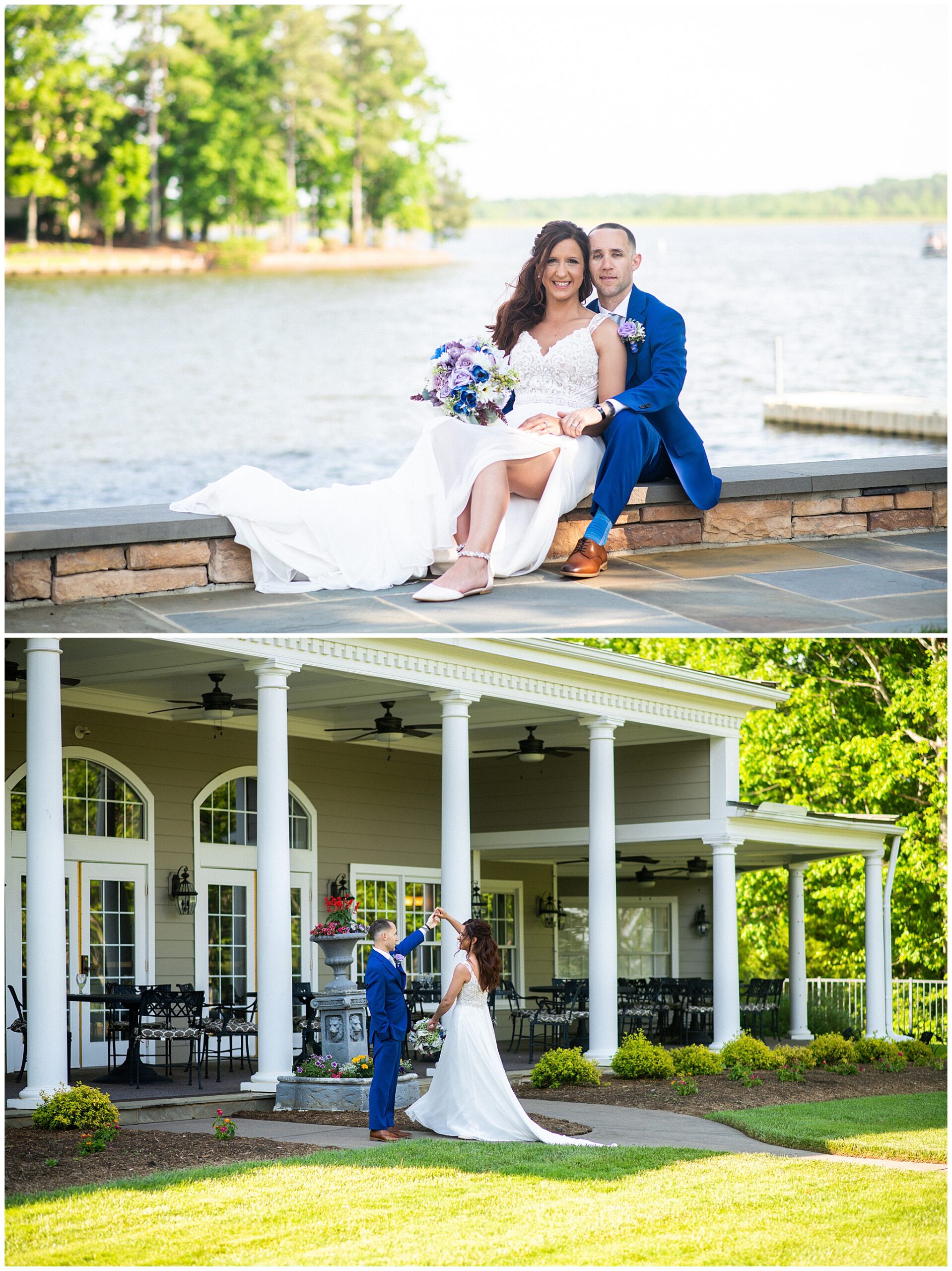 Newlyweds dance in front of a classical colonnade porch on a sidewalk and sit on the edge of a large lake Wedding Venues in Virginia