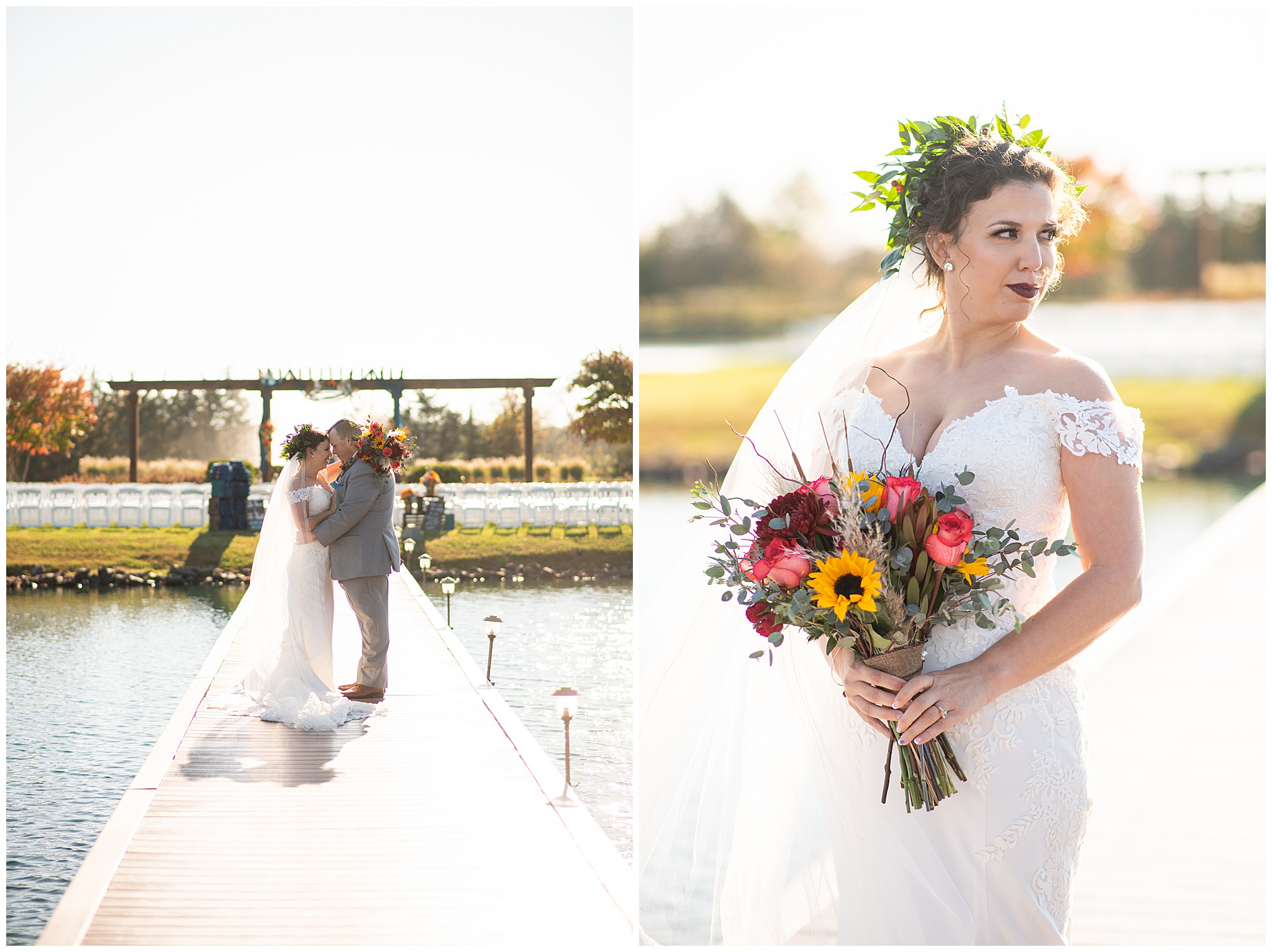 A bride in a white lace dress and floral headpiece stands holding her colorful bouquet on a dock with her husband Wedding Venues in Virginia