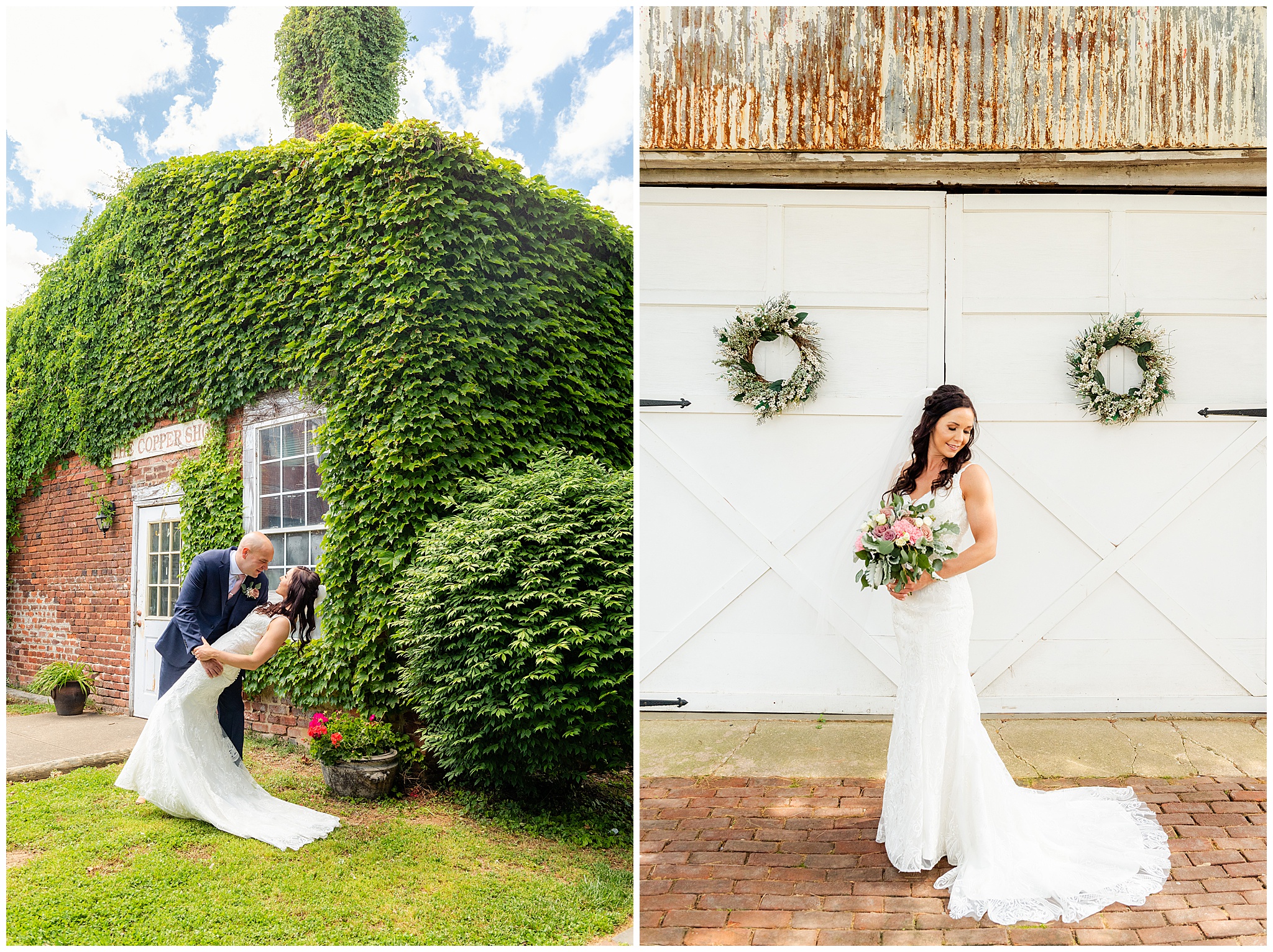 A bride in a white lace dress gets dipped by her new husband in front of a brick building covered in ivy Wedding Venues in Virginia